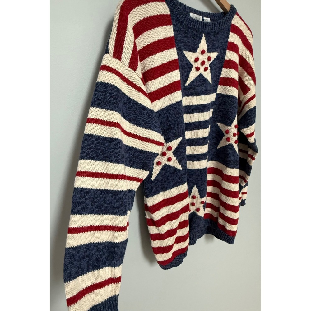 Vintage Maxwell Jason Americana Stars Stripes Sweater Red White Blue Pom Pom L - Picture 6 of 10